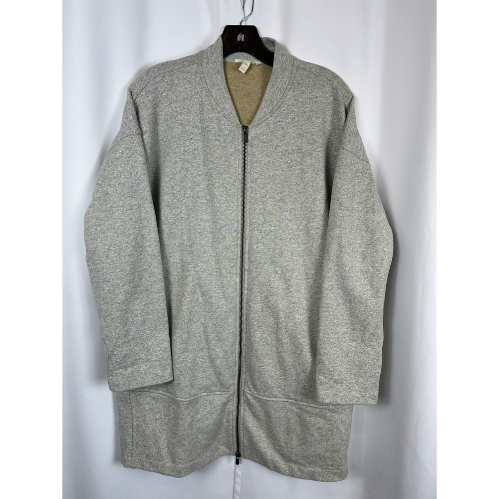 Eileen Fisher Grey Fleece Lined Longline Bomber Jacket Minimalist Office Medium